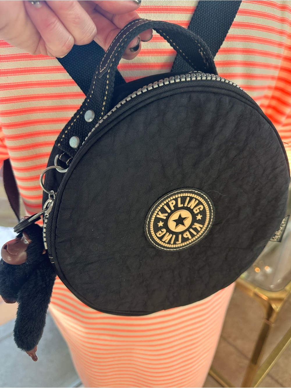 Vintage Kipling Black Round Crossbody Backpack with Monkey Charm